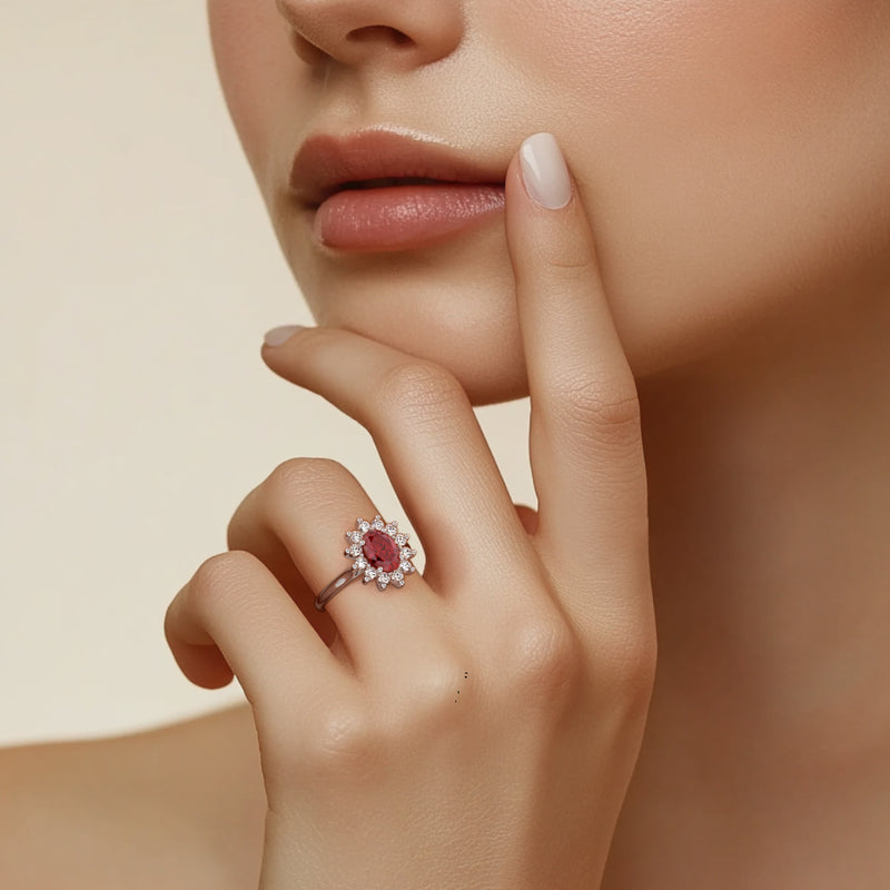 Bague entourage rubis et diamant Pompadour