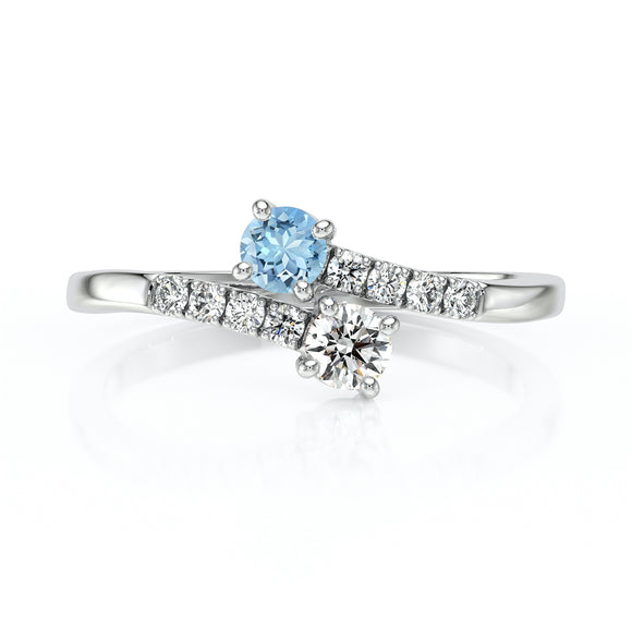 Solitaire accompagné aigue-marine et diamant Toi et Moi