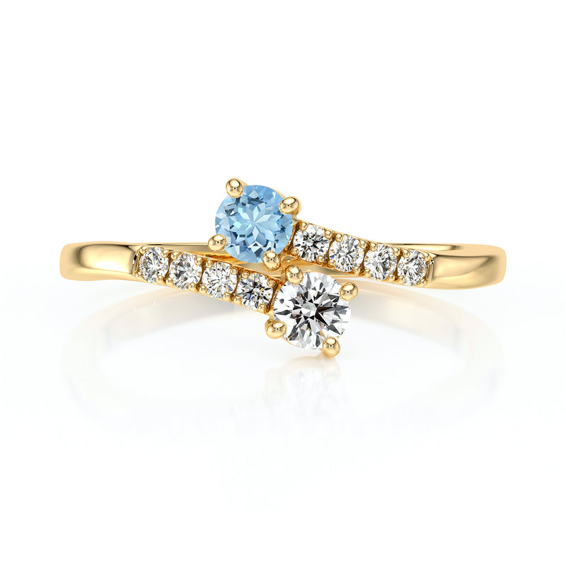 Solitaire accompagné aigue-marine et diamant Toi et Moi