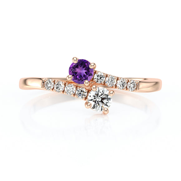 Solitaire accompagné améthyste et diamant Toi et Moi
