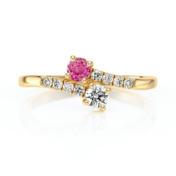 Solitaire accompagné saphir rose et diamant Toi et Moi