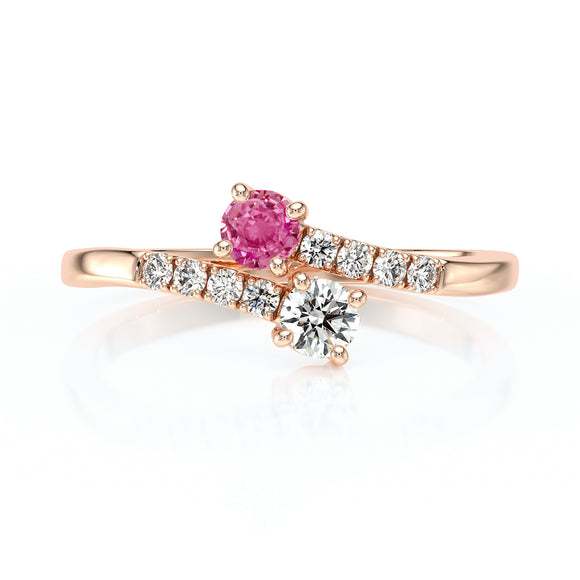 Solitaire accompagné saphir rose et diamant Toi et Moi