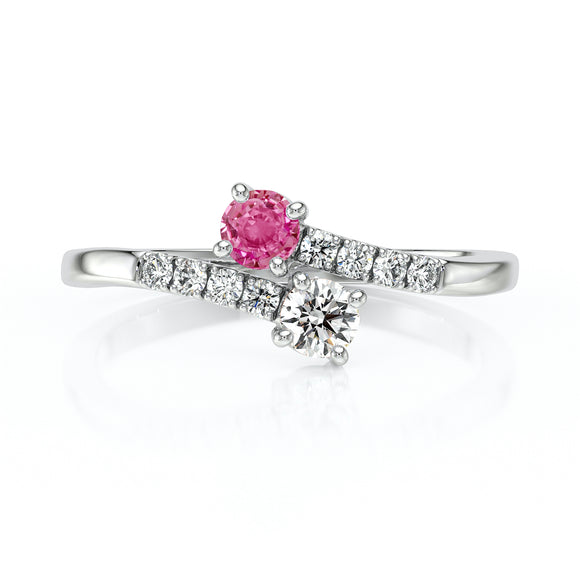 Solitaire accompagné saphir rose et diamant Toi et Moi