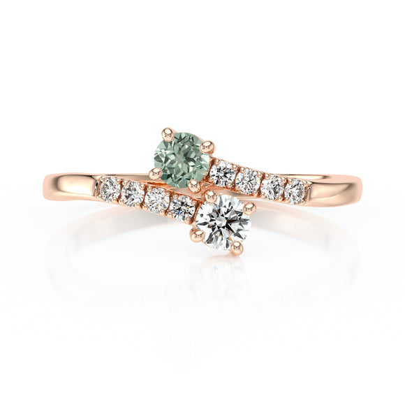Solitaire accompagné saphir vert et diamant Toi et Moi