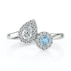 Bague entourage aigue-marine et diamant Toi et Moi