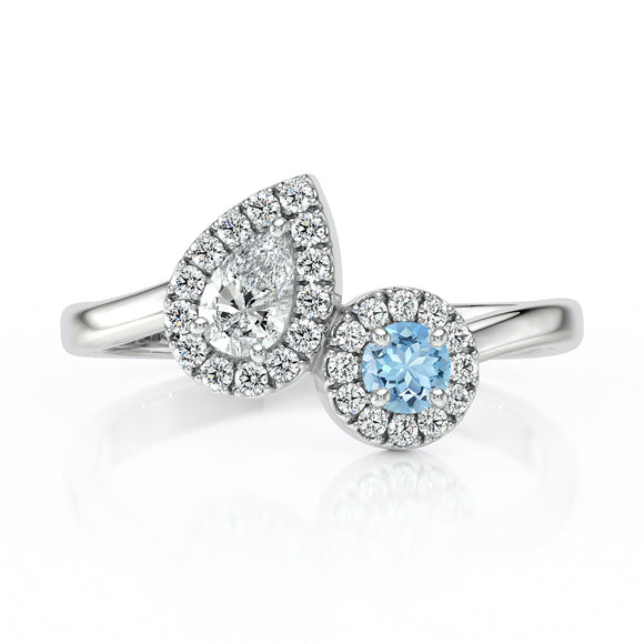 Bague entourage aigue-marine et diamant Toi et Moi