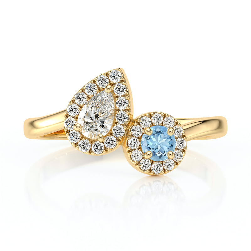 Bague entourage aigue-marine et diamant Toi et Moi