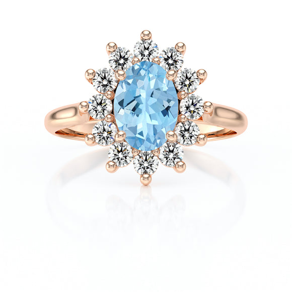Bague entourage aigue-marine et diamant Pompadour