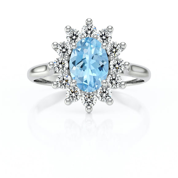 Bague entourage aigue-marine et diamant Pompadour