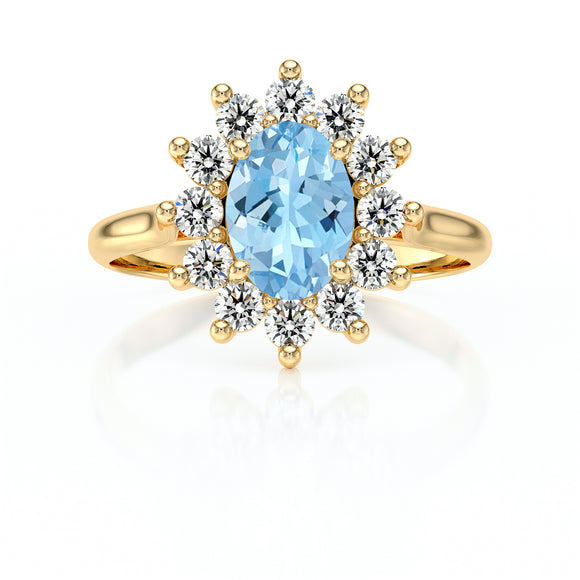 Bague entourage aigue-marine et diamant Pompadour