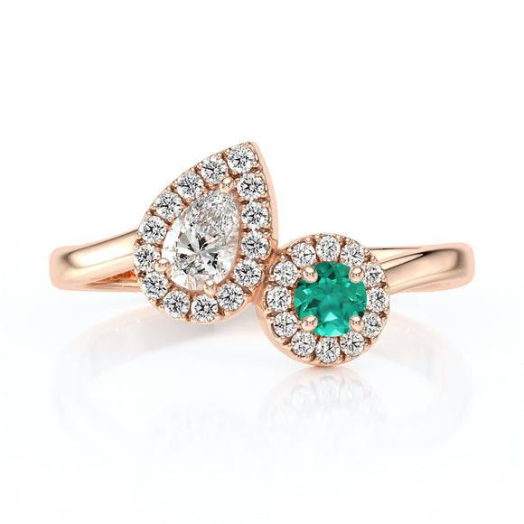 Bague entourage émeraude et diamant Toi et Moi