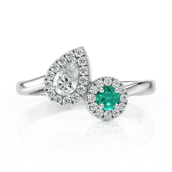 Bague entourage émeraude et diamant Toi et Moi