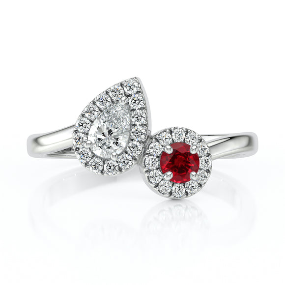 Bague entourage rubis et diamant Toi et Moi