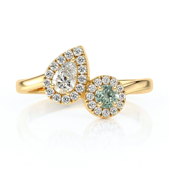 Bague entourage saphir vert et diamant Toi et Moi