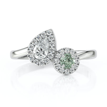 Bague entourage saphir vert et diamant Toi et Moi