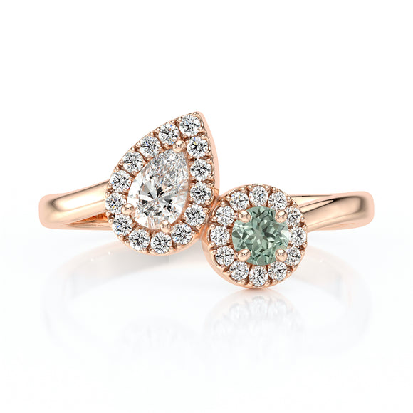 Bague entourage saphir vert et diamant Toi et Moi