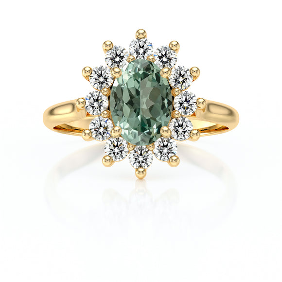 Bague entourage saphir vert et diamant Pompadour