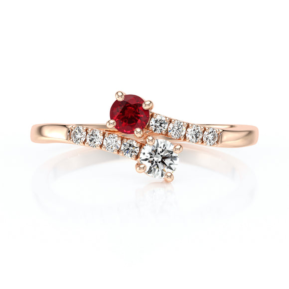 Solitaire accompagné rubis et diamant Toi et Moi