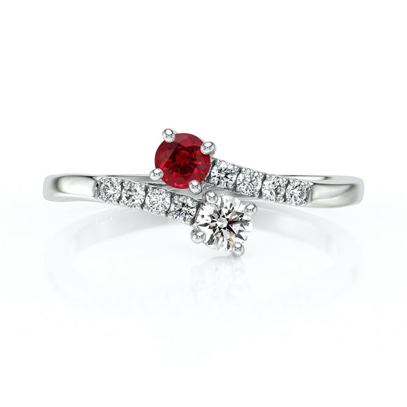 Solitaire accompagné rubis et diamant Toi et Moi