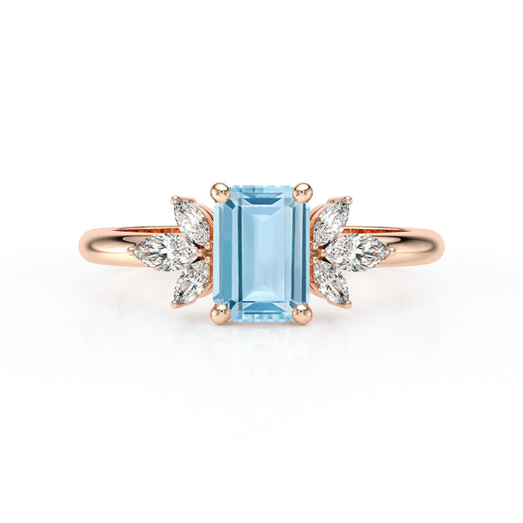 Solitaire accompagné aigue-marine diamant Divine Idylle - 18
