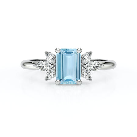 Solitaire accompagné aigue-marine diamant Divine Idylle - 18