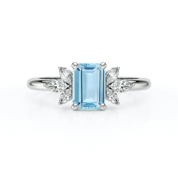 Solitaire accompagné aigue-marine diamant Divine Idylle - 18