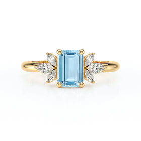 Solitaire accompagné aigue-marine diamant Divine Idylle - 18