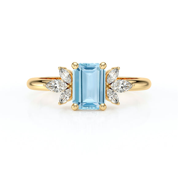 Solitaire accompagné aigue-marine diamant Divine Idylle - 18