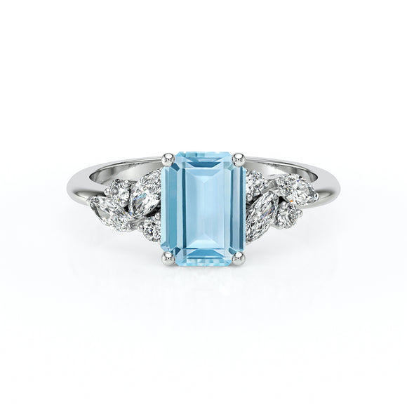 Solitaire accompagné aigue-marine diamant Divine Idylle - 21
