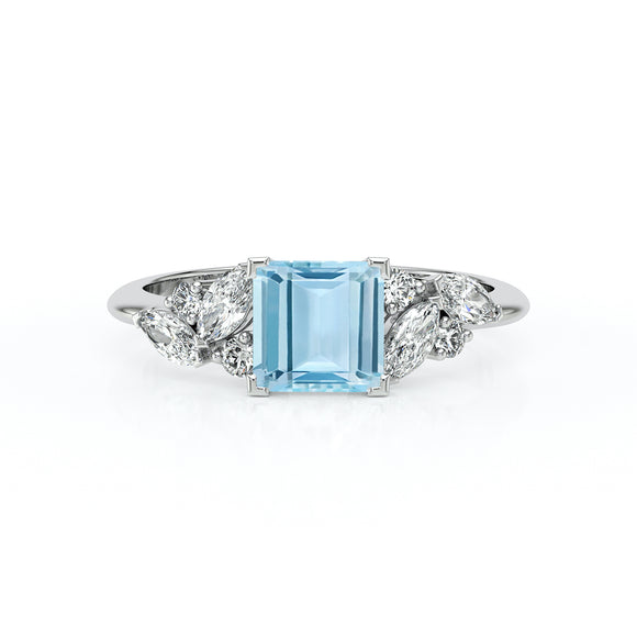 Solitaire accompagné aigue-marine diamant Divine Idylle - 22