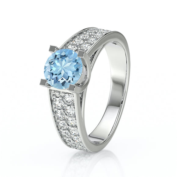 Solitaire accompagné aigue-marine diamant Fou de toi - 2