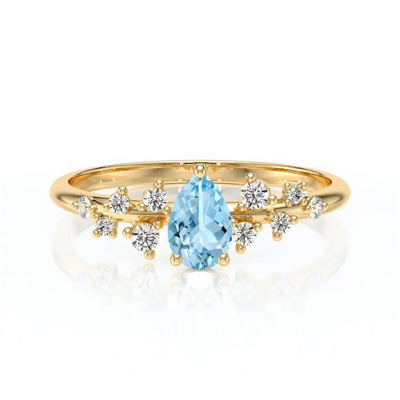 Solitaire accompagné aigue-marine et diamant Pluie d'étoiles - 10