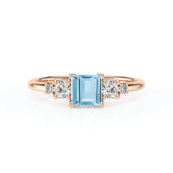 Solitaire accompagné aigue-marine et diamant Coucher de Soleil - 14