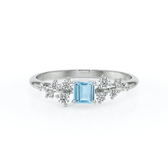 Solitaire accompagné aigue-marine et diamant Pluie d'étoiles - 13
