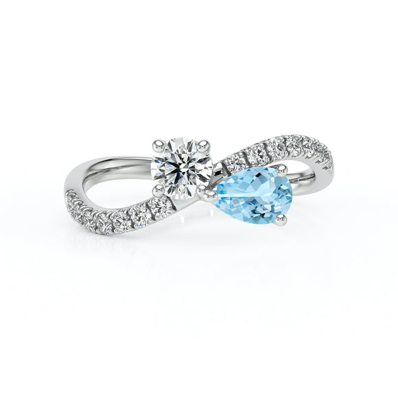 Solitaire accompagné aigue-marine et diamant Toi et Moi - 2
