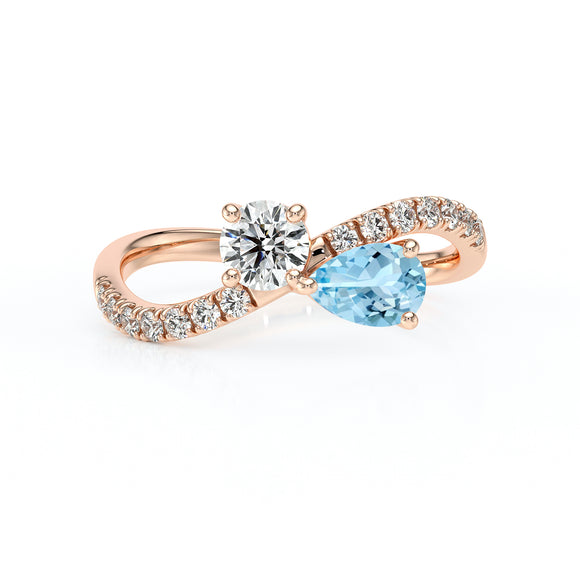 Solitaire accompagné aigue-marine et diamant Toi et Moi - 2