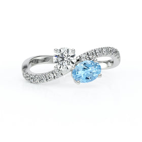 Solitaire accompagné aigue-marine et diamant Toi et Moi - 4