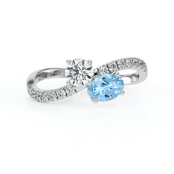 Solitaire accompagné aigue-marine et diamant Toi et Moi - 4