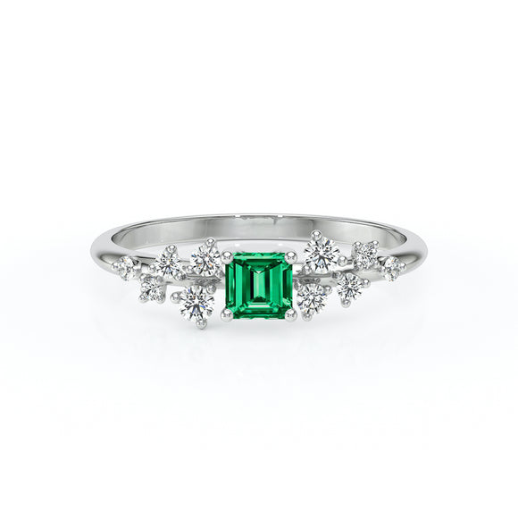 Solitaire accompagné émeraude et diamant Pluie d'étoiles - 13