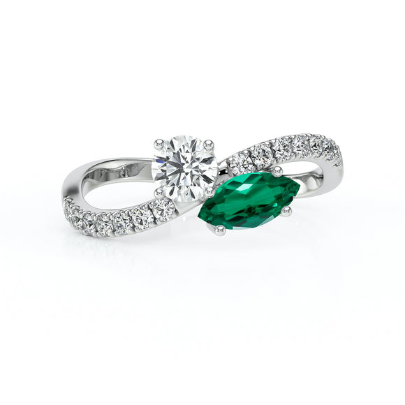 Solitaire accompagné émeraude et diamant Toi et Moi - 3