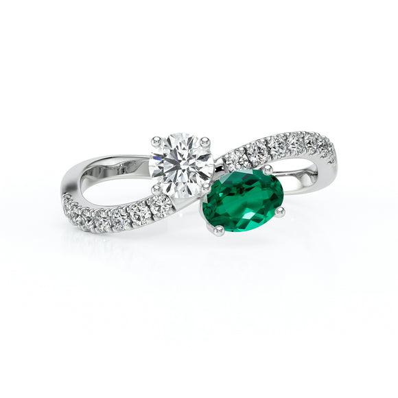 Solitaire accompagné émeraude et diamant Toi et Moi - 4