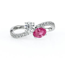 Solitaire accompagné saphir rose et diamant Toi et Moi - 4