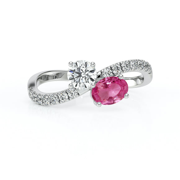 Solitaire accompagné saphir rose et diamant Toi et Moi - 4
