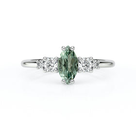 Solitaire accompagné saphir vert et diamant Coucher de Soleil - 12