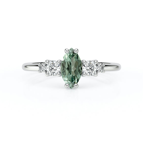 Solitaire accompagné saphir vert et diamant Coucher de Soleil - 12
