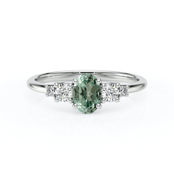 Solitaire accompagné saphir vert et diamant Coucher de Soleil - 13