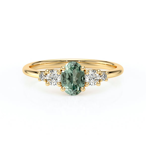 Solitaire accompagné saphir vert et diamant Coucher de Soleil - 13