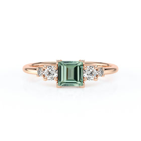Solitaire accompagné saphir vert et diamant Coucher de Soleil - 14