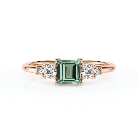 Solitaire accompagné saphir vert et diamant Coucher de Soleil - 14