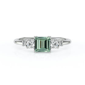 Solitaire accompagné saphir vert et diamant Coucher de Soleil - 14